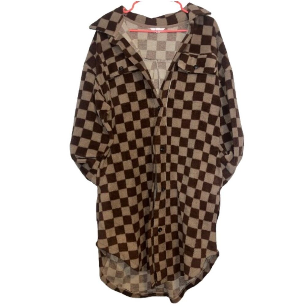 Ascot & Hart Brown Checkered Long Sweater/Shacket/Trench Coat/Pea Coat